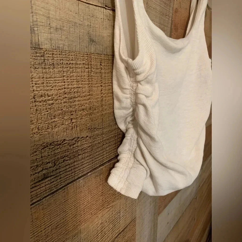 Free People Crop Tank Small Cream Tie Strap Ruched Ribbed Square Neck Boho - Picture 2 of 6